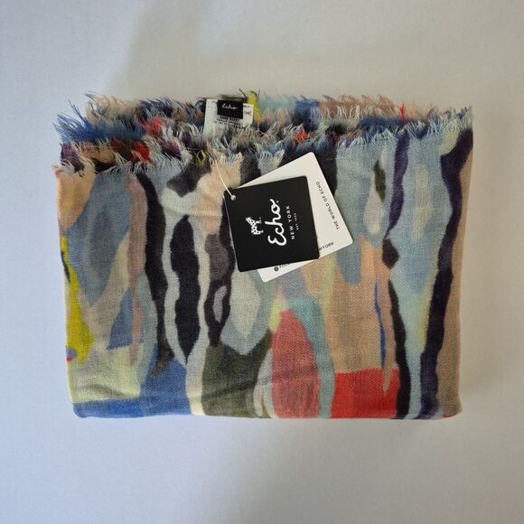 Echo NY Multi Color Abstract 100% Wool Infinity Fringe Scarf Womens 30 x 80 IN - Picture 3 of 8